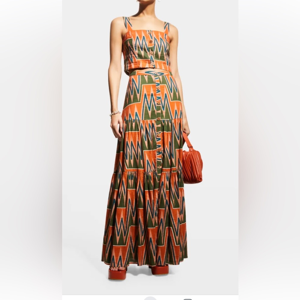 Veronica Beard Sundance Cotton & Linen Graphic Button-Up Tiered Maxi Skirt